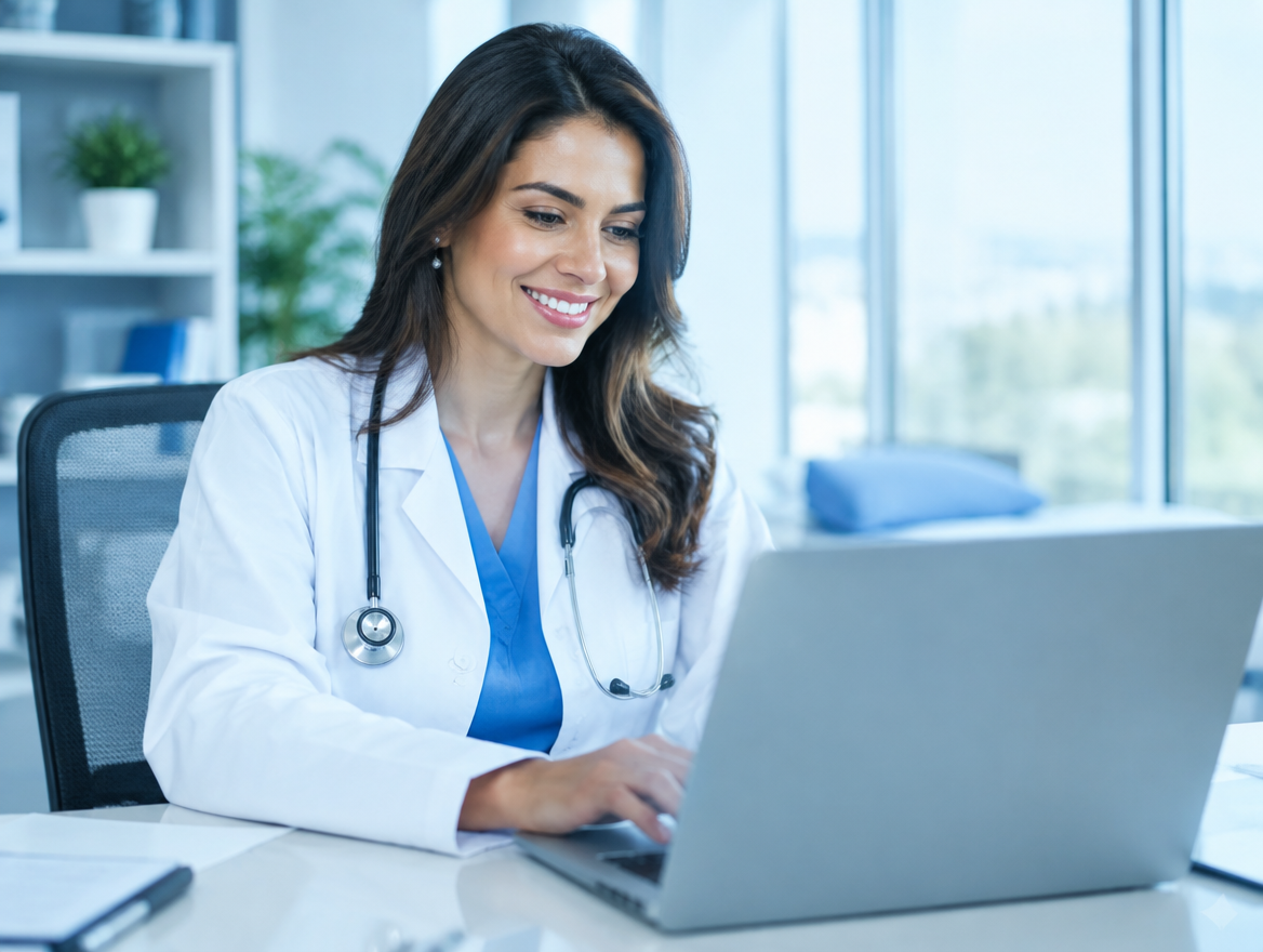 Médica usando notebook no consultório
